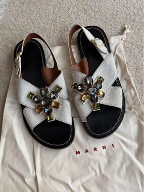 Marni Cream Pony Hair Sandals with Jewels